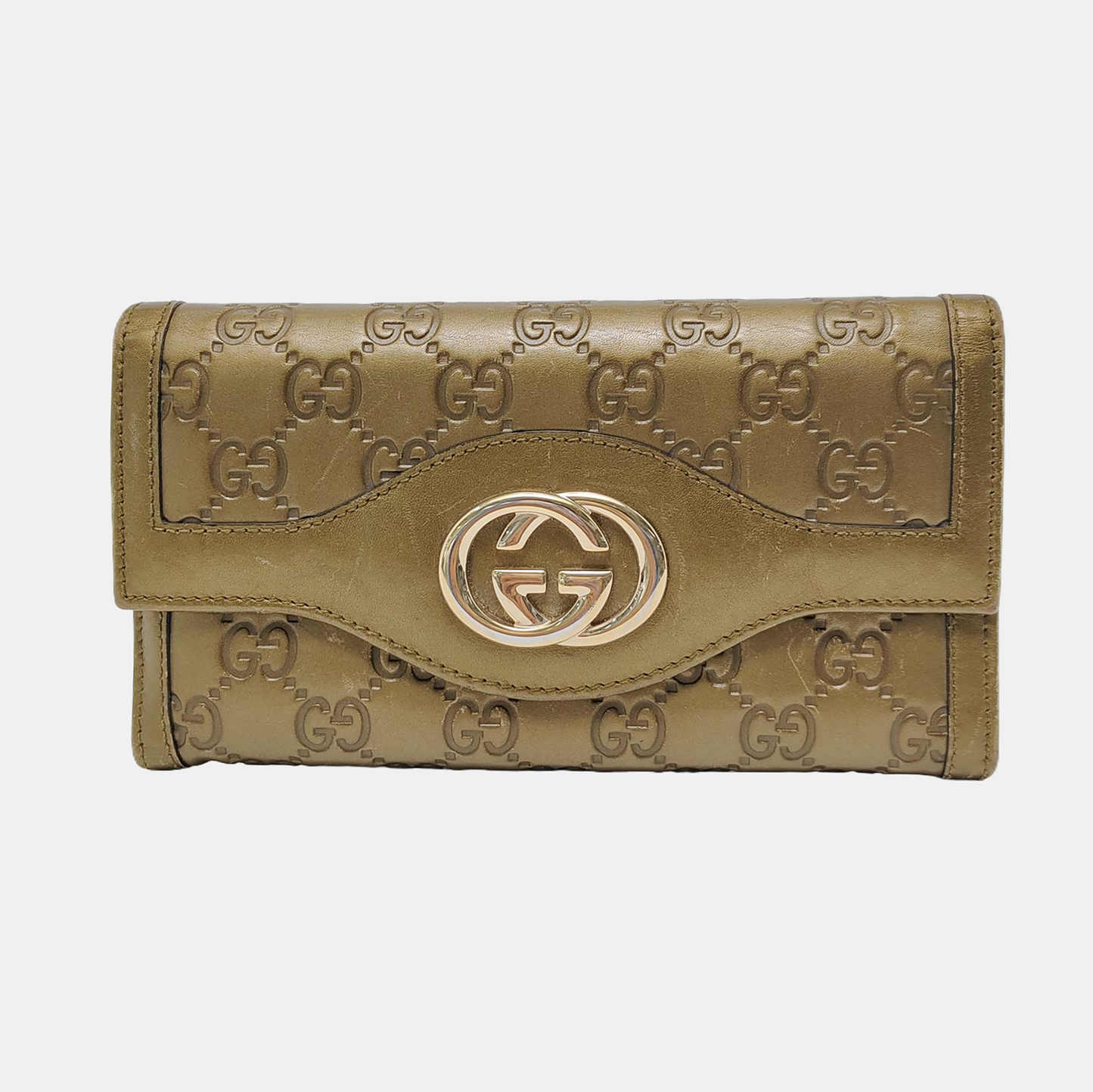 GUCCI Yellow-Green Calfskin Monogram Embossed Wallet Golden hardware-(SKU)-949959862