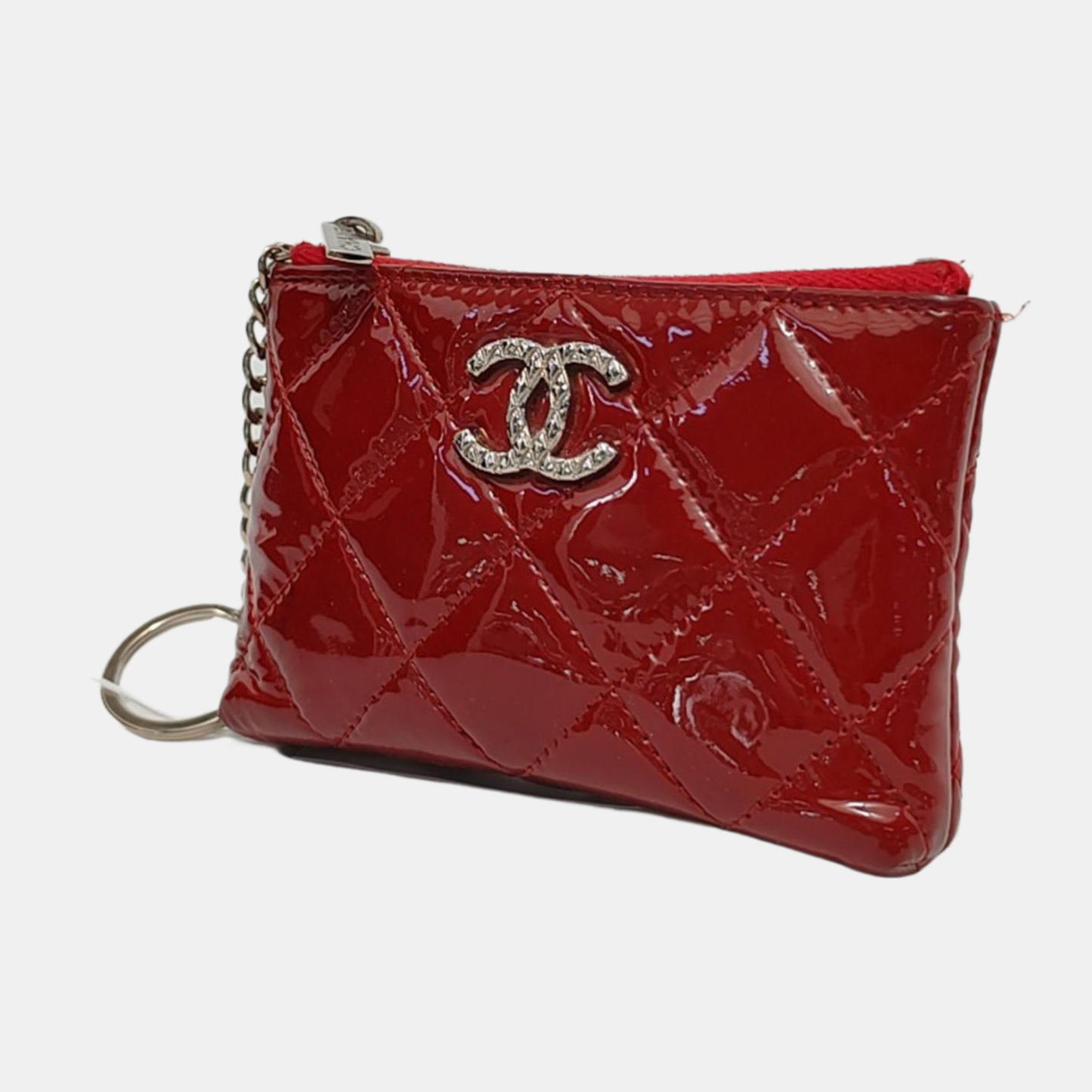 CHANEL Red patent leather diamond pattern quilted wallet Silver Hardware 14nan-(SKU)-952345505