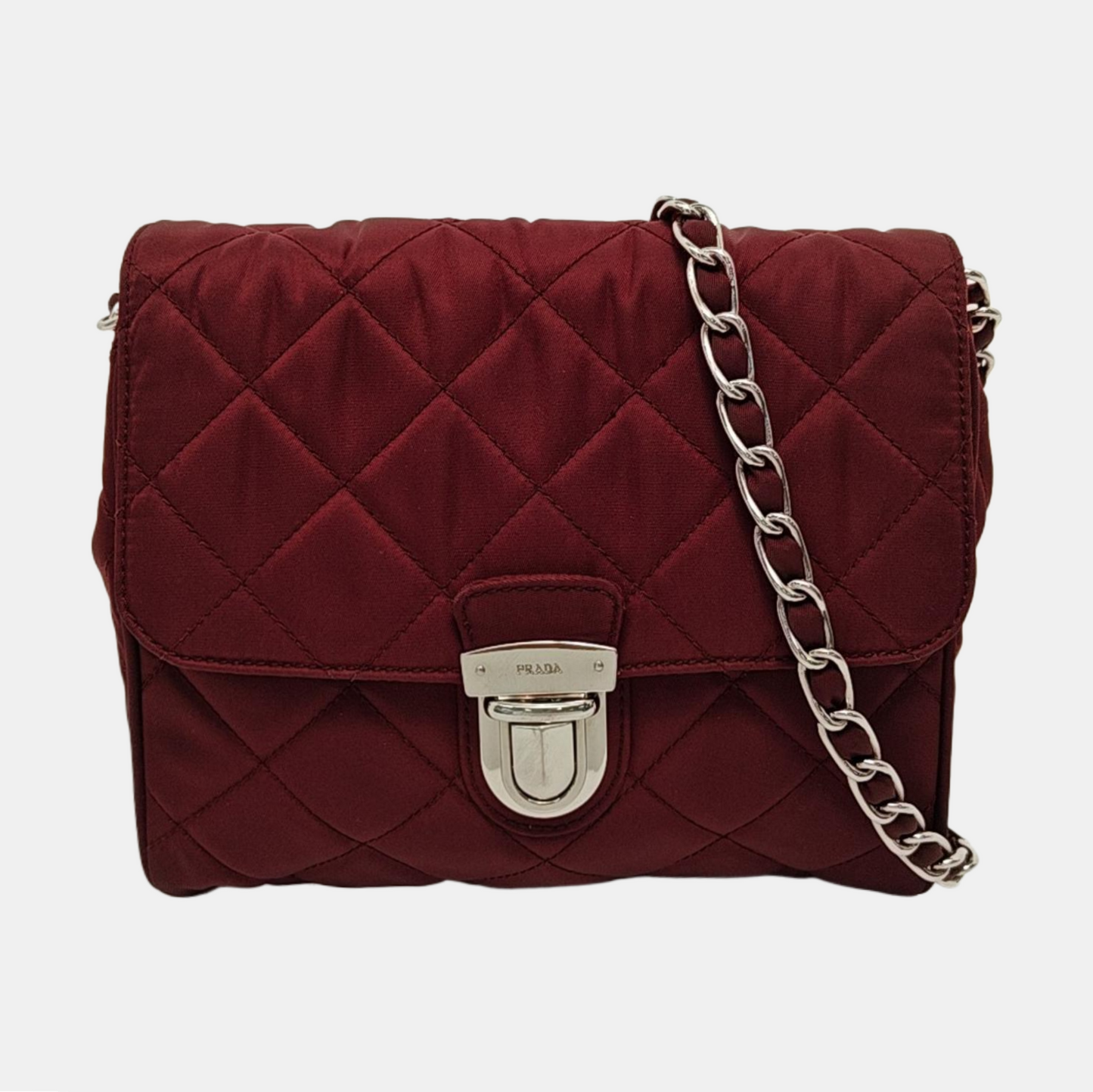 PRADA Burgundy Fabric Quilted Single Shoulder Bag Crossbody Bag Silver Hardware Removable shoulder strap-(SKU)-952724345