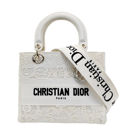 DIOR Lady D-Lite Medium Size White Canvas Embroidered Cutout Crossbody Shoulder Bag with Gold Hardware Removable Shoulder Strap-(SKU)-950358894