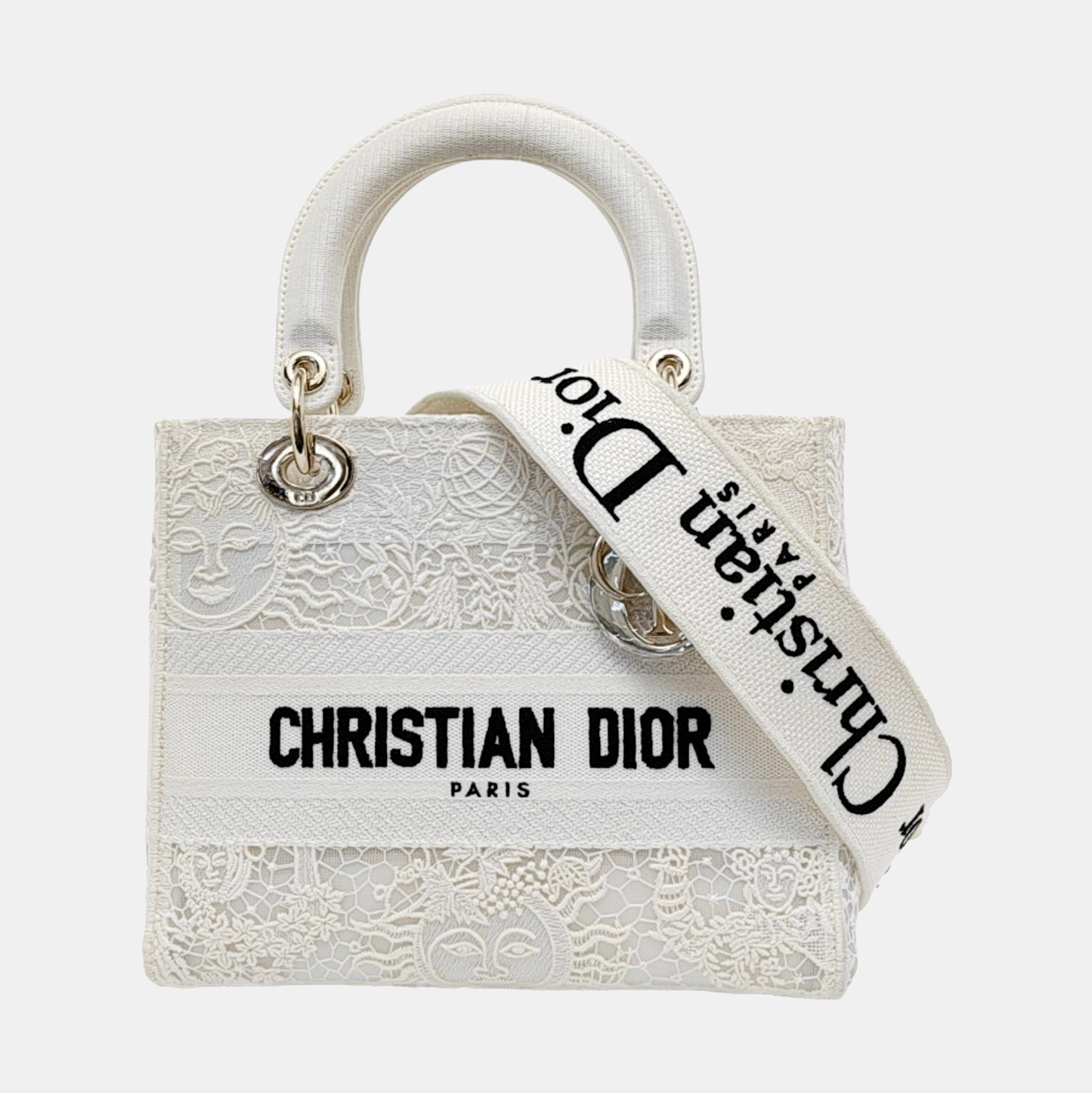 DIOR Lady D-Lite Medium Size White Canvas Embroidered Cutout Crossbody Shoulder Bag with Gold Hardware Removable Shoulder Strap-(SKU)-950358894
