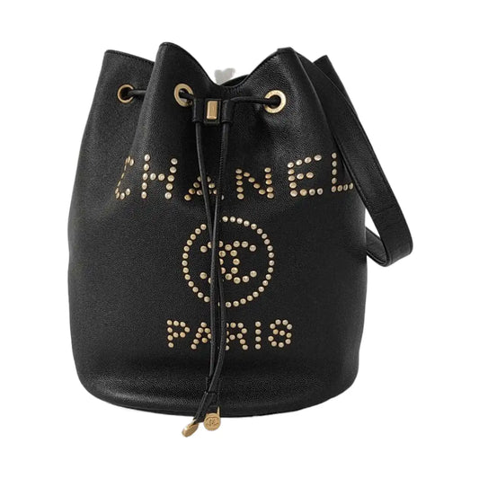 CHANEL DEAUVILLE Black Caviar Leather Studs Shoulder Bag Gold Hardware 28 Clasp-(SKU)-953026430