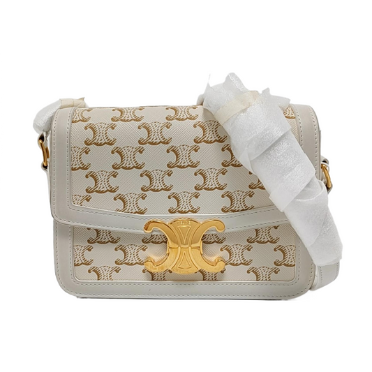 CELINE TRIOMPHE Small White Coated Canvas Triomphe Crossbody Single Shoulder Bag with Gold Hardware-(SKU)-953576570