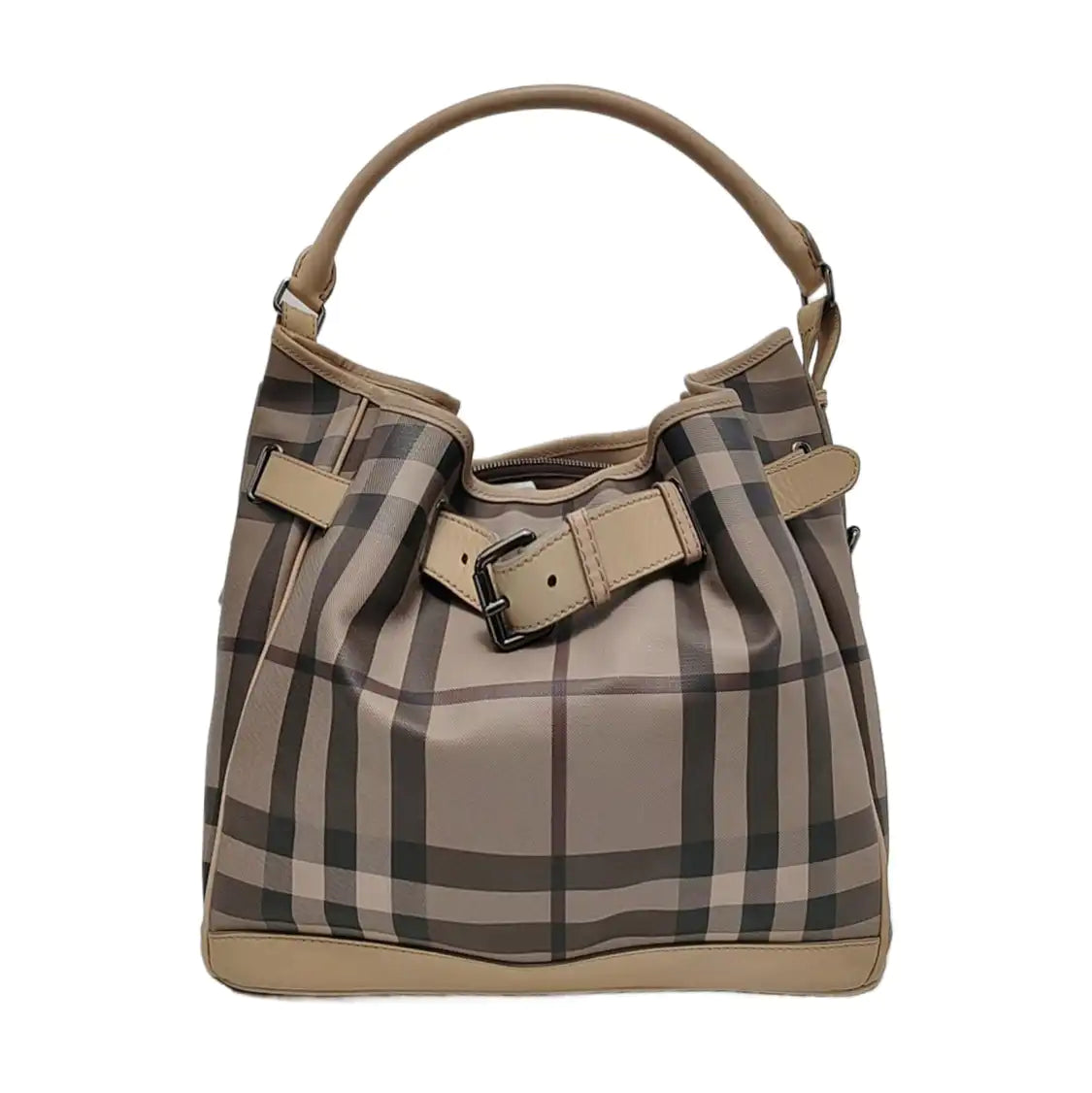 BURBERRY Smoked Check Medium size Light Gray Coated Canvas Shoulder Bag Tote Ruthenium color hardware Removable shoulder strap-(SKU)-951094751