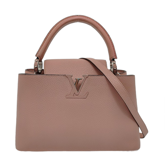 LOUIS VUITTON CAPUCINES Medium Size Nude Pink Calfskin Crossbody Bag Shoulder Bag Tote Bag Silver Hardware Removable Strap-(SKU)-954522912