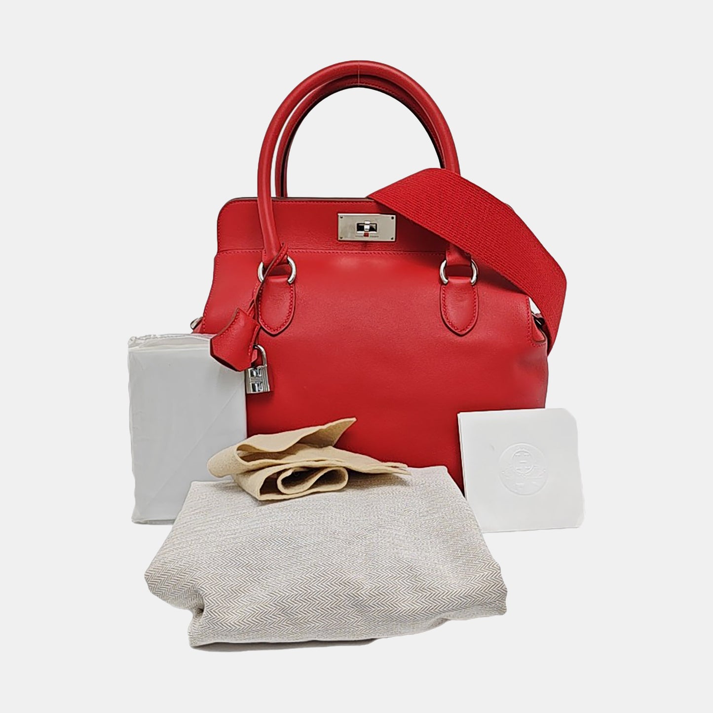 HERMÈS Toolbox 26 Peony Red Evercolor Leather Shoulder Bag with Silver Hardware, T Clasp, Detachable Strap-(SKU)-954919312
