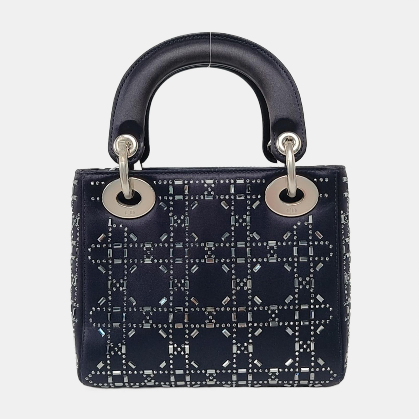 DIOR Lady Dior Mini Dark Blue Silk Jacquard Quilted Shoulder Bag with Chain Strap, Silver Hardware, Removable Shoulder Strap-(SKU)-955061243