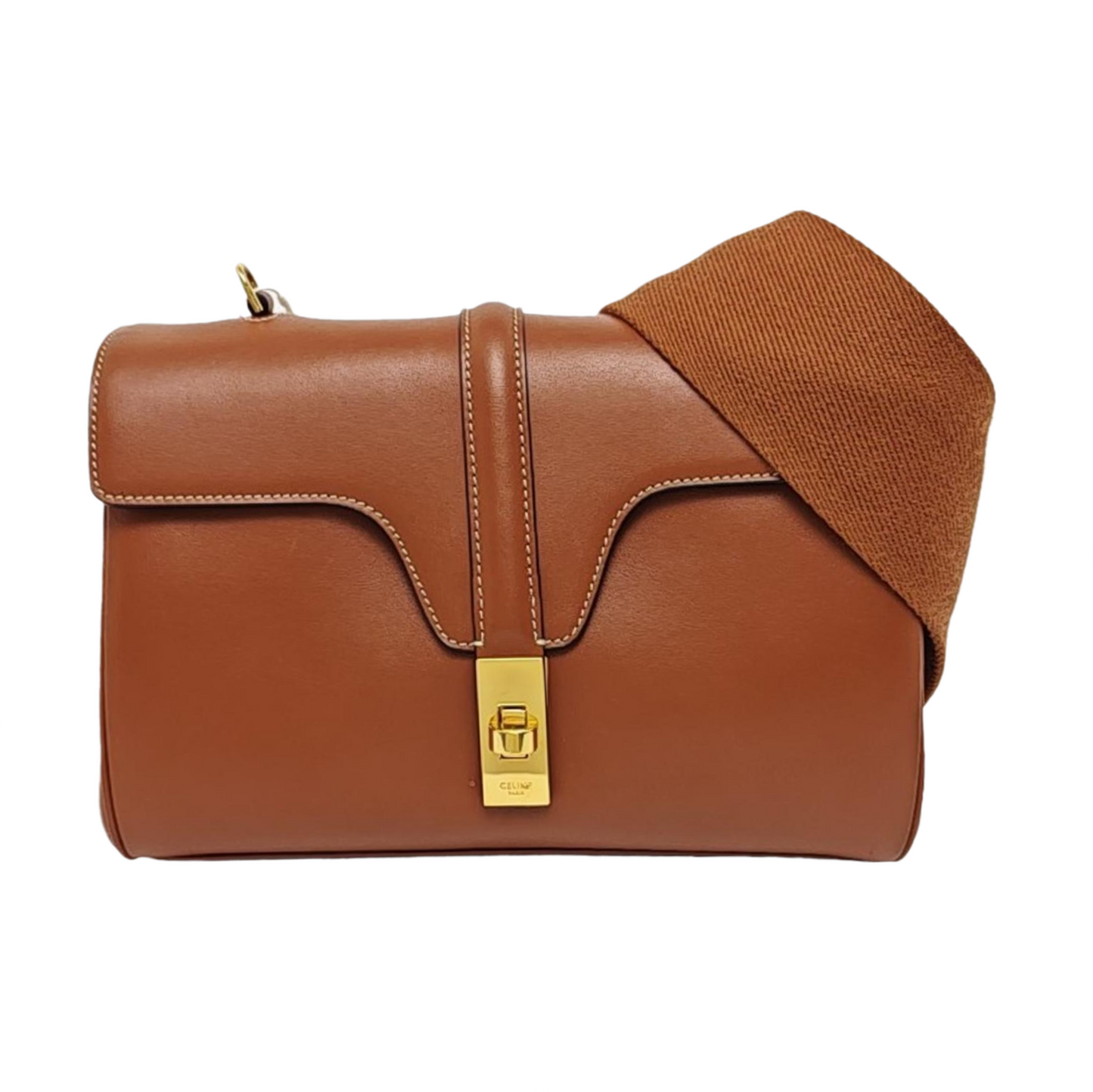 CELINE 16 Teen Brown Calfskin Single Shoulder Bag with Detachable Strap and Gold Hardware-(SKU)-955131984