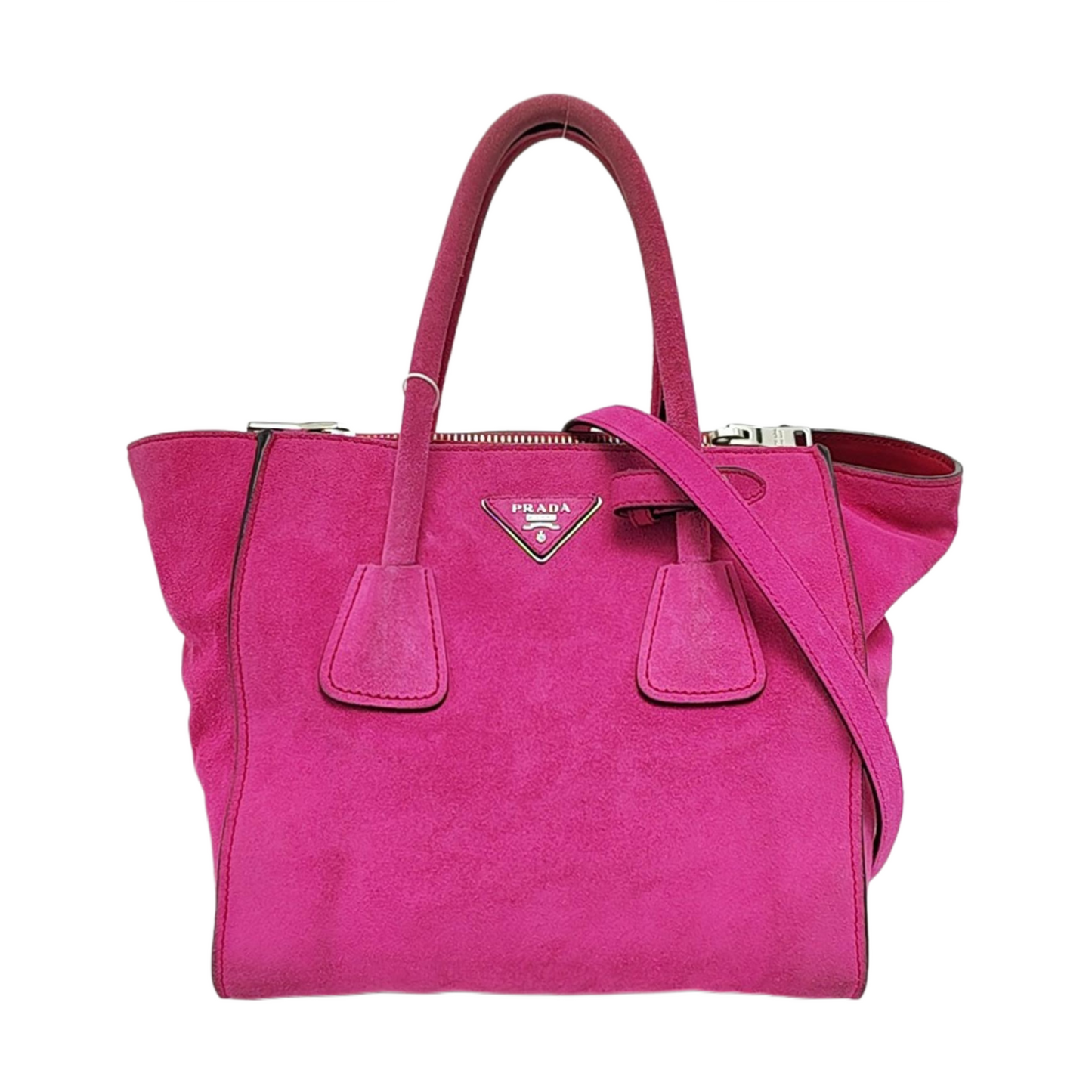 PRADA Pink Suede Logo Single Shoulder Bag Crossbody Tote Silver Hardware Removable shoulder strap-(SKU)-956356987