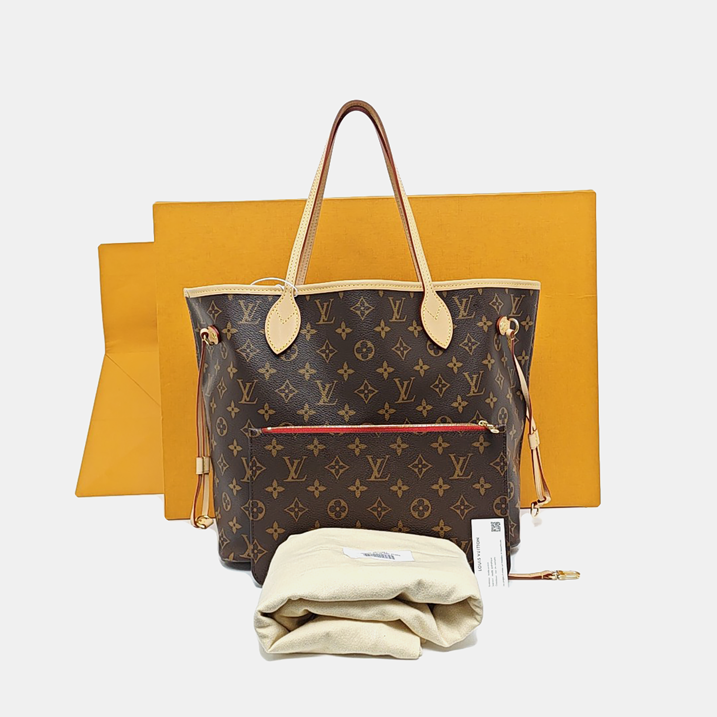 LOUIS VUITTON NEVERFULL Medium Size Brown Coated Canvas Monogram Shopping Bag Shoulder Bag Handbag with Complete Accessories Gold Hardware-(SKU)-956798304
