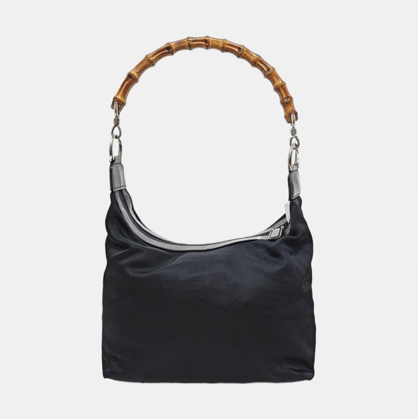 GUCCI Bamboo 1947 Black Canvas Bamboo Handle Handbag Single Shoulder Bag Silver Hardware-(SKU)-956992006