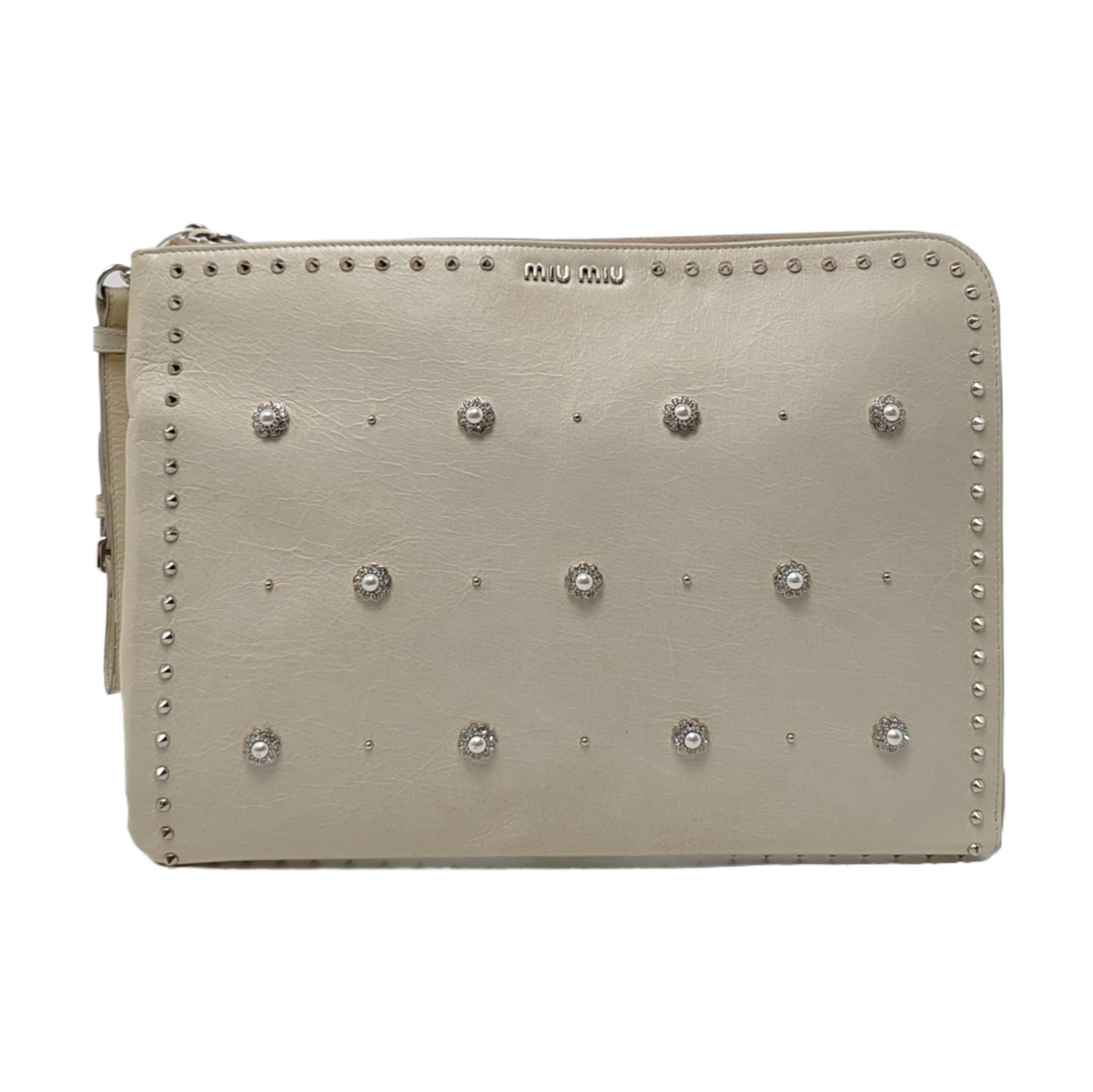 Miu Miu Beige Cowhide Studs Handbag Silver Hardware-(SKU)-957040349