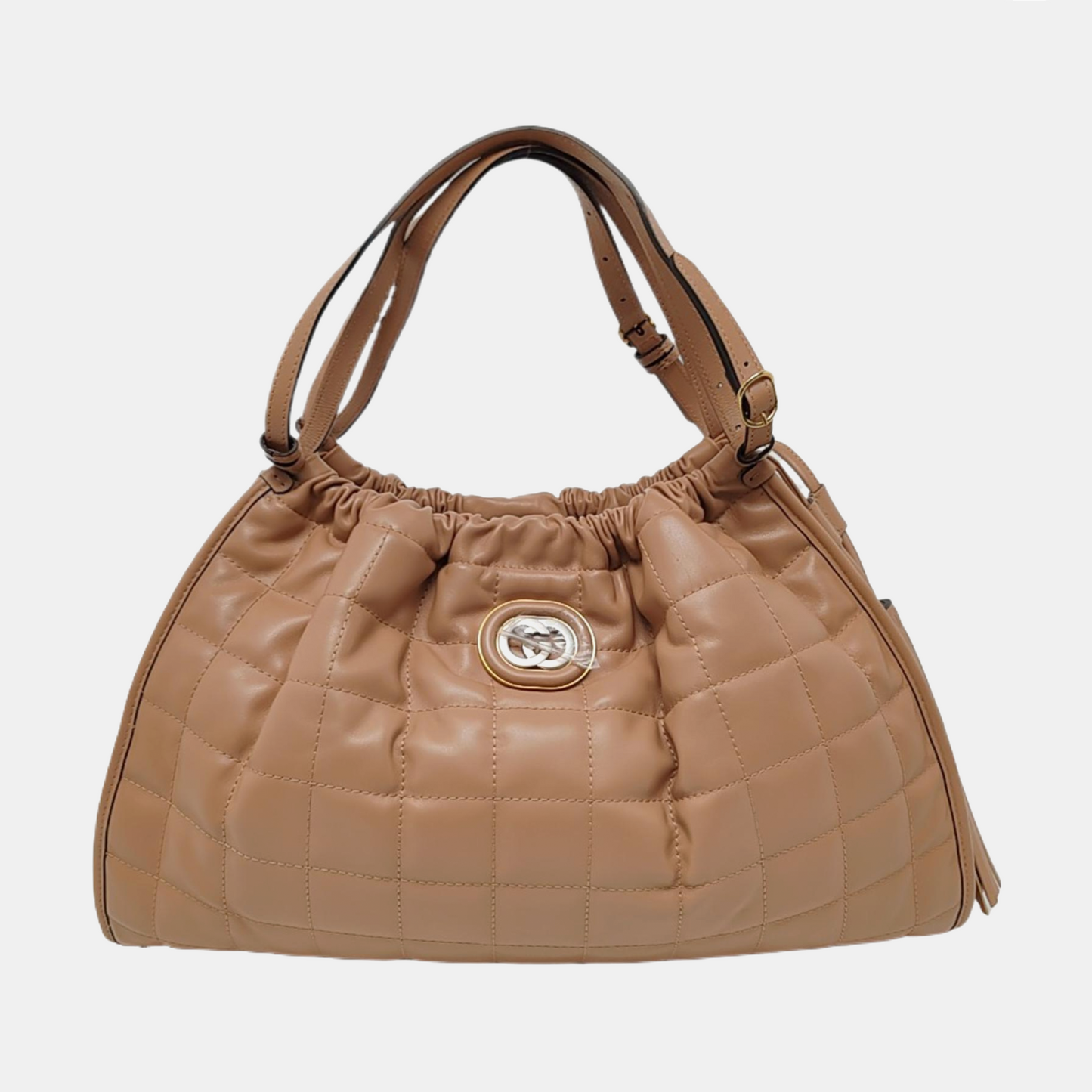 GUCCI Deco Medium Camel Leather Quilted Single Shoulder Bag with Gold Hardware 3 Removable Straps-(SKU)-957612728