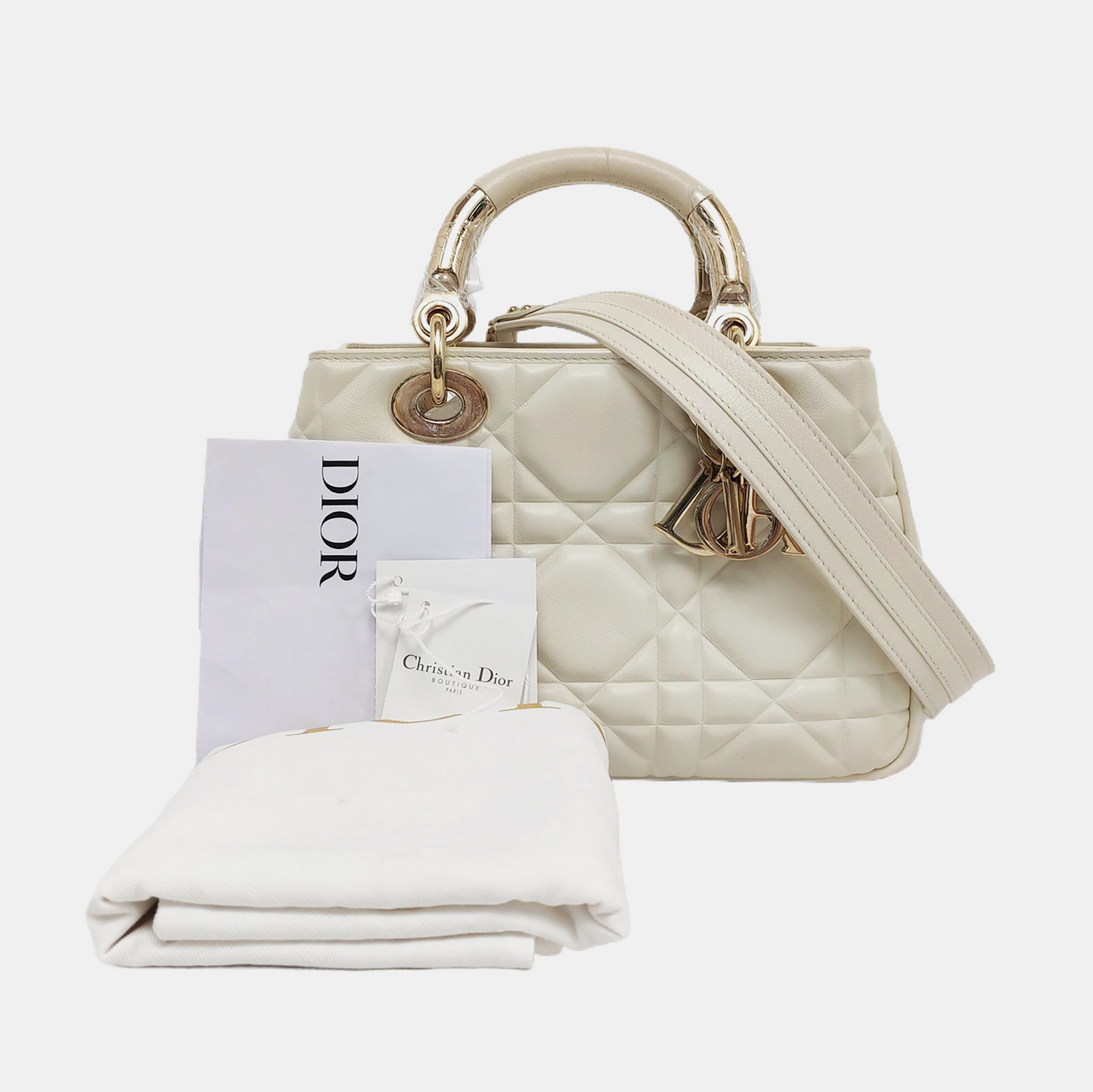 DIOR Lady Dior Small White Leather Cannage Quilted Diana Bag Single Shoulder Bag Tote Bag Crossbody Bag with Gold Hardware Removable Strap-(SKU)-957082816