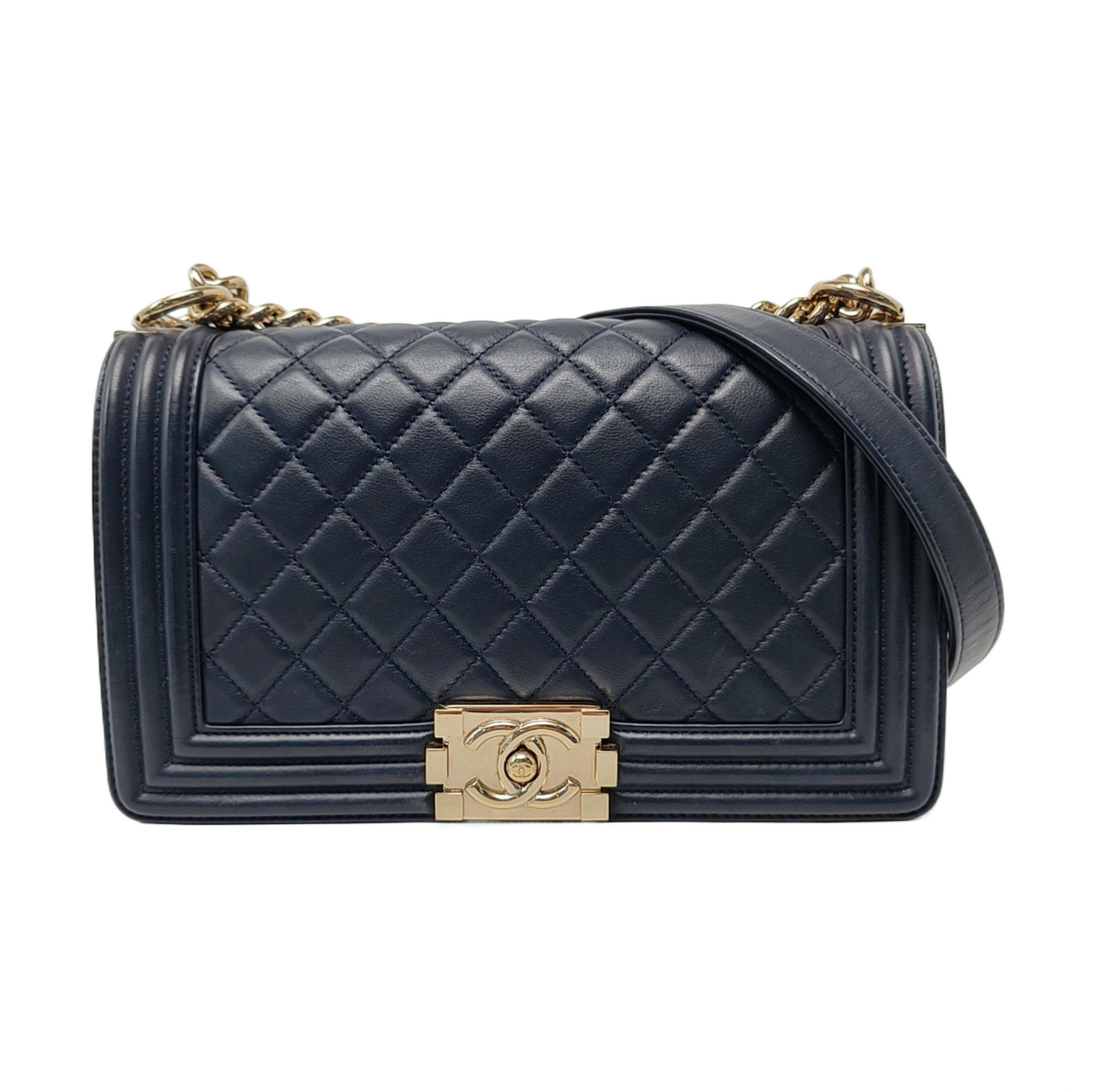 CHANEL BOY CHANEL Medium Deep Blue Leather Grained Crossbody Bag Single Shoulder Bag with Gold Hardware 25 opening Removable Strap-(SKU)-957834137