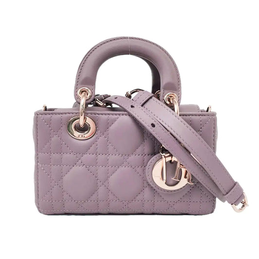 DIOR Lady D-Joy Super Mini Purple Lamb Skin Wicker Stitched Crossbody Shoulder Bag Handbag Tote Bag Golden Hardware 2 Removable Straps-(SKU)-958282279