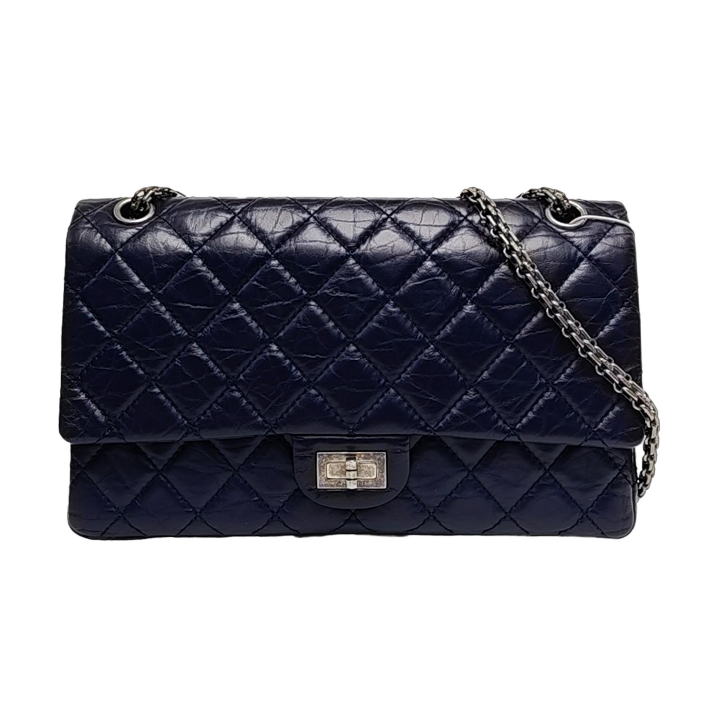 CHANEL 2.55 Large Deep Blue Vintage Calfskin Quilted Chevron Single Shoulder Bag with Palladium Hardware-(SKU)-955055136