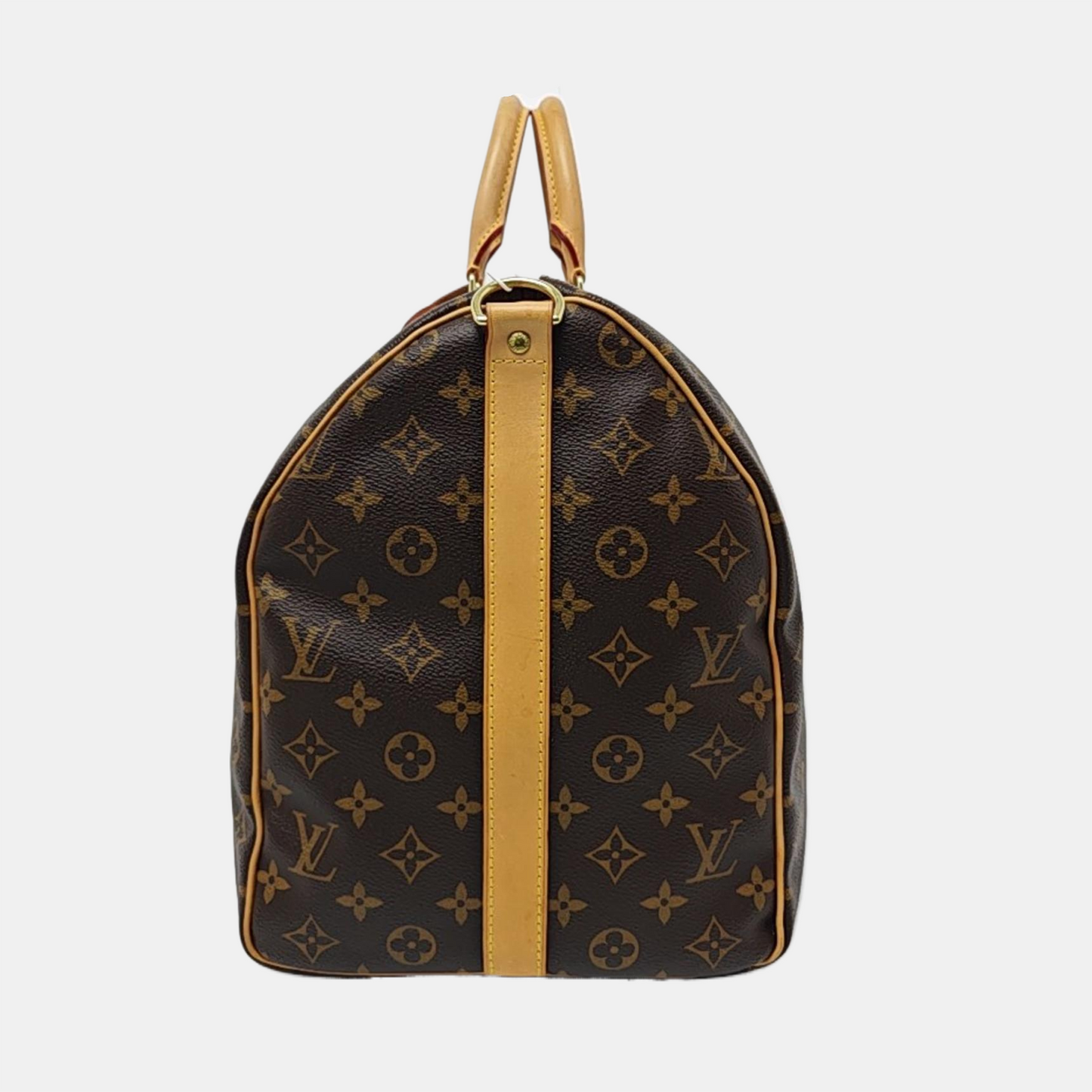 LOUIS VUITTON KEEPALL 50, brown coated canvas monogram Boston bag, shoulder bag, handbag with golden hardware and detachable strap-(SKU)-958409659