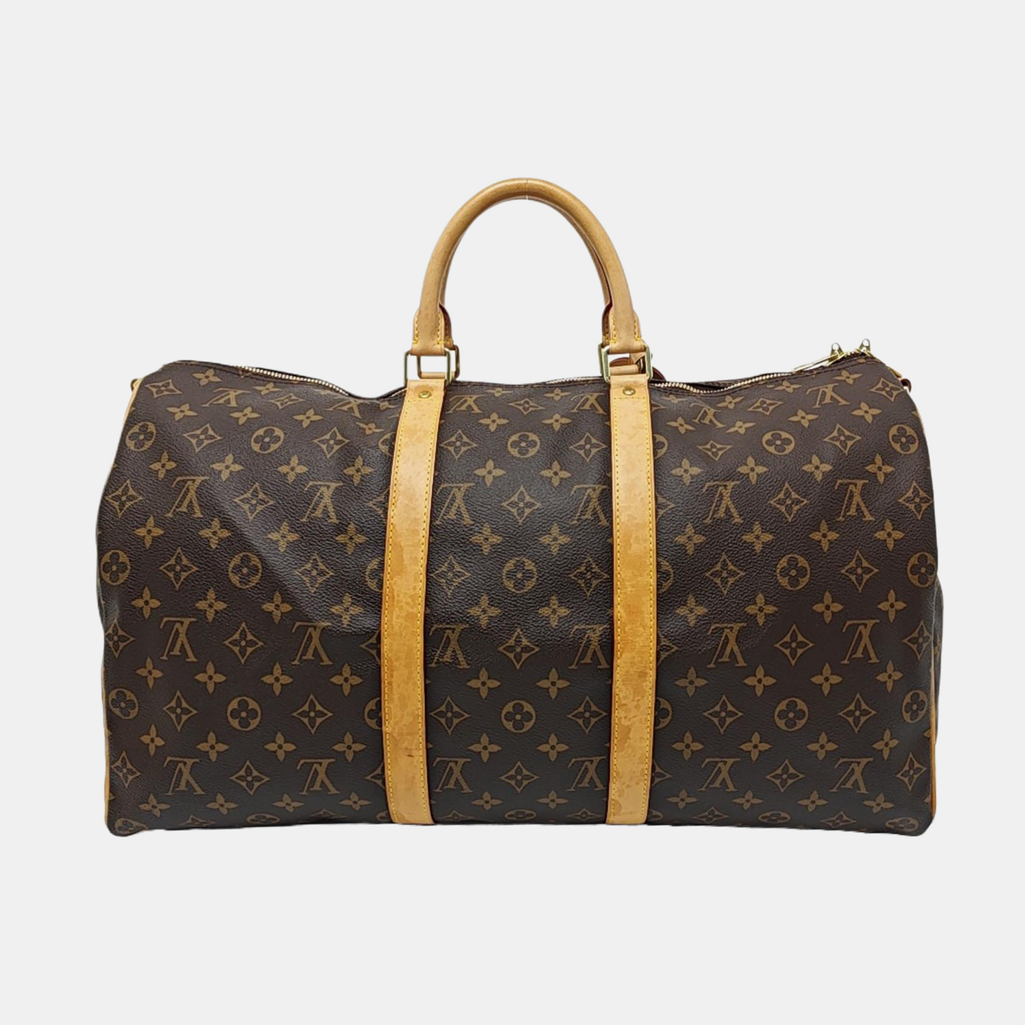 LOUIS VUITTON KEEPALL 50, brown coated canvas monogram Boston bag, shoulder bag, handbag with golden hardware and detachable strap-(SKU)-958409659