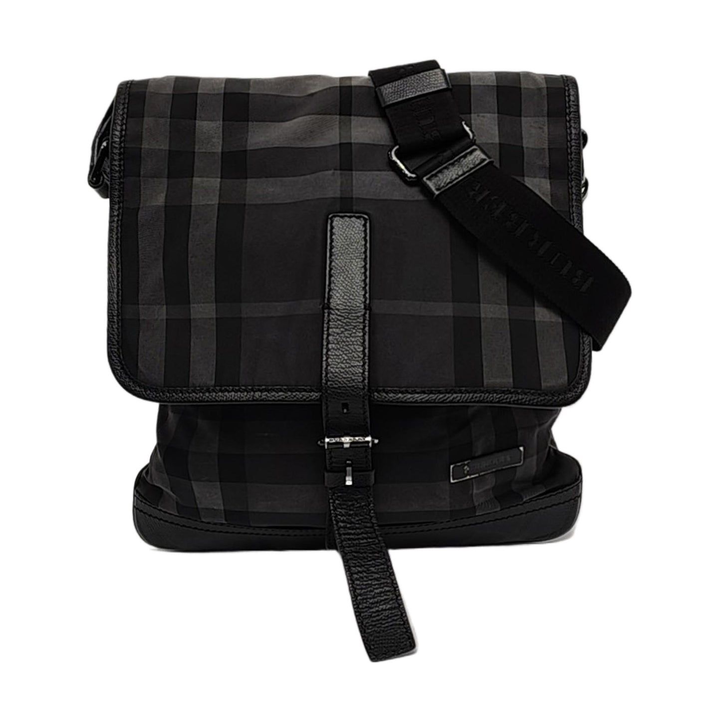 BURBERRY Dark Gray Nylon Battle Horse Plaid Single Shoulder Bag Crossbody Bag Ruthenium color hardware-(SKU)-958749400