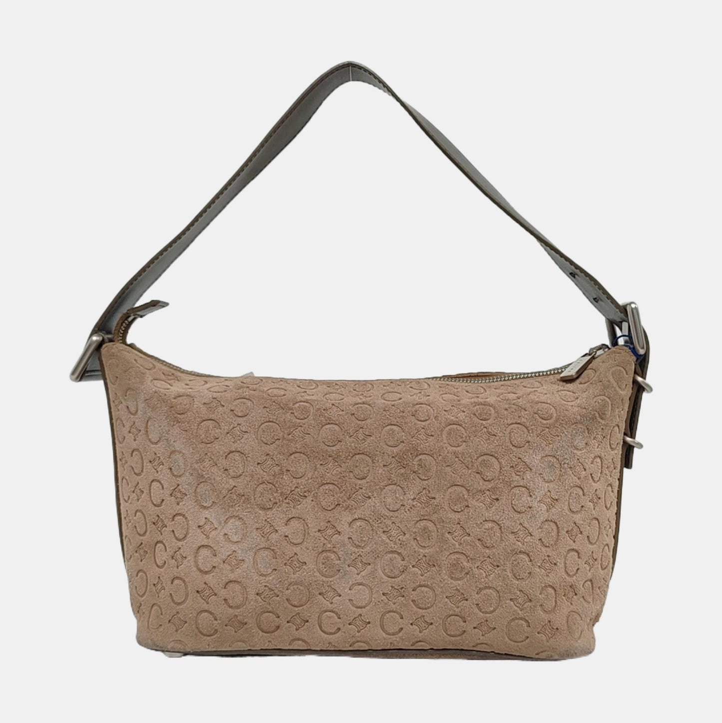 CELINE Khaki Velvet Leather Triumph Arch Embossed Single Shoulder Bag Handbag Silver Hardware-(SKU)-958683892