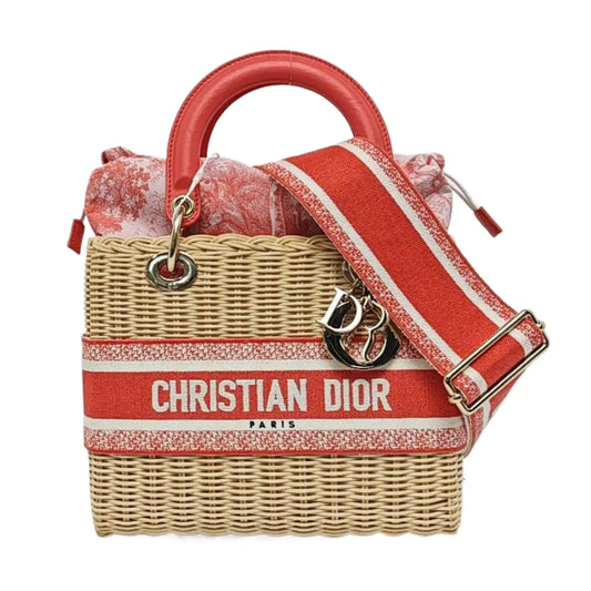 DIOR Lady Dior Medium Beige Straw Embroidered Weave Bag Shoulder Bag Crossbody Bag Gold Hardware Removable Strap-(SKU)-959028607