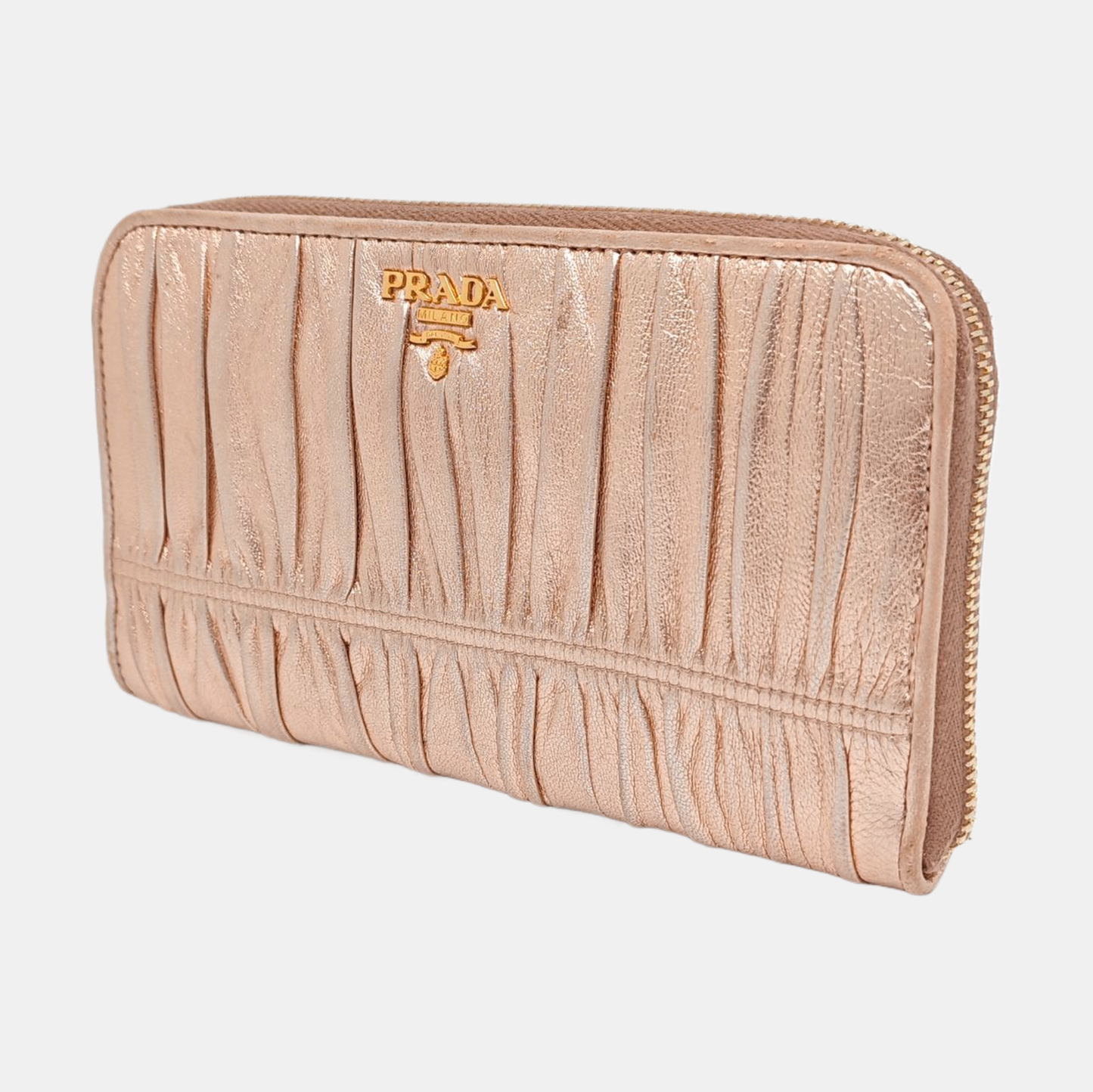 PRADA Rose Gold Sheepskin Quilted Wallet Golden hardware-(SKU)-959285692