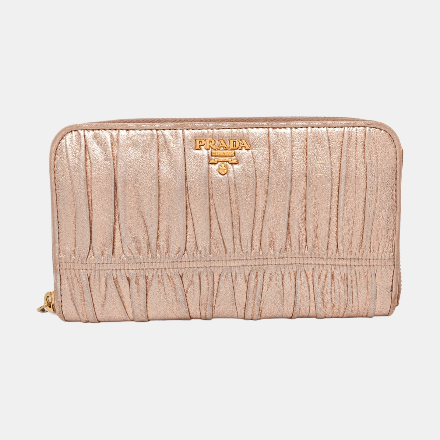 PRADA Rose Gold Sheepskin Quilted Wallet Golden hardware-(SKU)-959285692