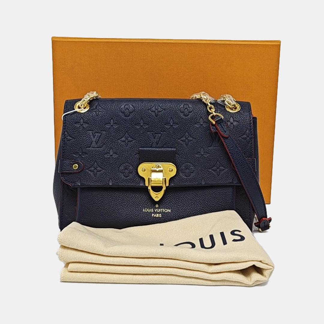 LOUIS VUITTON VAVIN Small Deep Blue Leather Monogram Embossed Single Shoulder Bag Tote Bag Golden Hardware-(SKU)-959801677