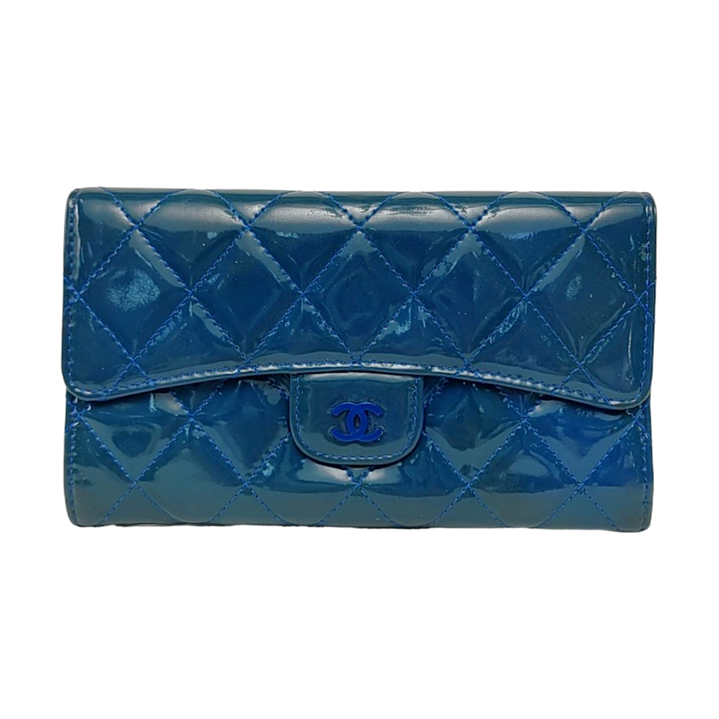 CHANEL CLASSIC FLAP Blue patent leather diamond-pattern wallet Silver and Blue Hardware 16nan-(SKU)-949495187