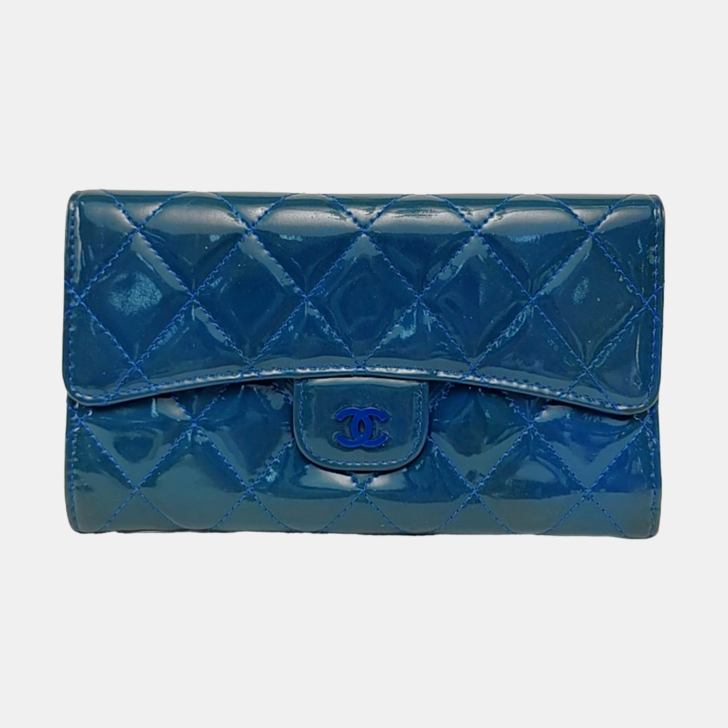 CHANEL CLASSIC FLAP Blue patent leather diamond-pattern wallet Silver and Blue Hardware 16nan-(SKU)-949495187