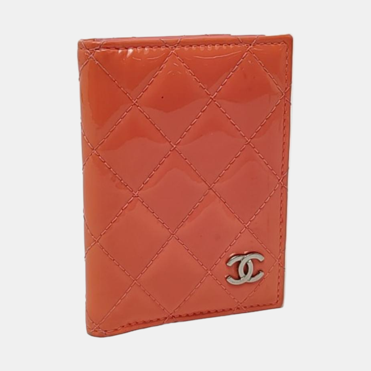 CHANEL Tangerine-Pink Patent Leather Diamond Quilted Card Holder Silver Hardware 21nan-(SKU)-959930843