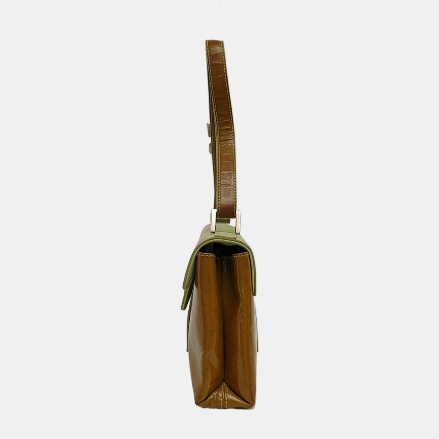 BVLGARI Yellow Green Patent Leather Handbag Single Shoulder Bag Silver Hardware Removable shoulder strap-(SKU)-960012647