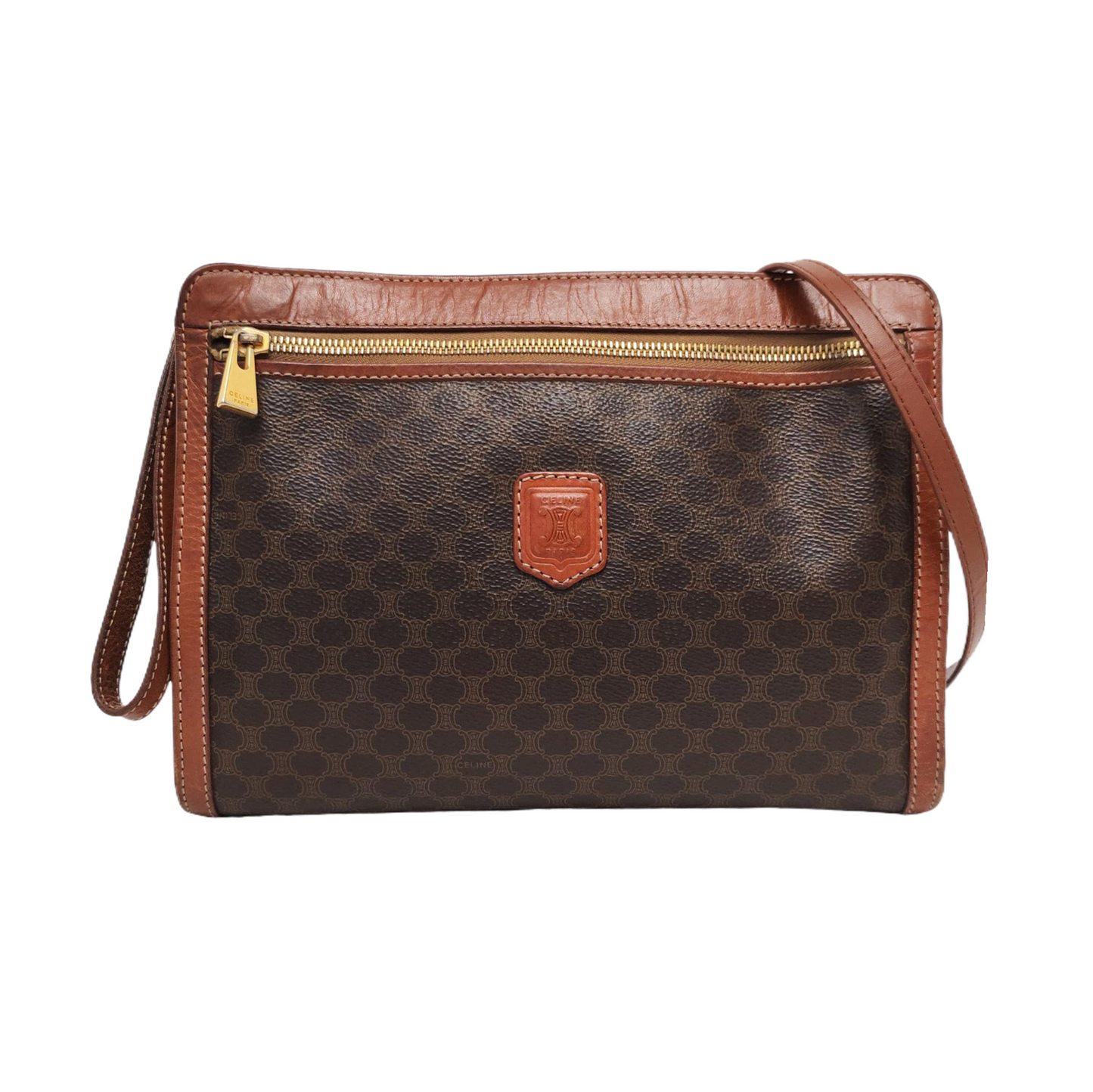CELINE MACADAM CLUTCHES Dark Brown Coated Canvas Triumph Handbag Tote Bag Golden hardware-(SKU)-959810652