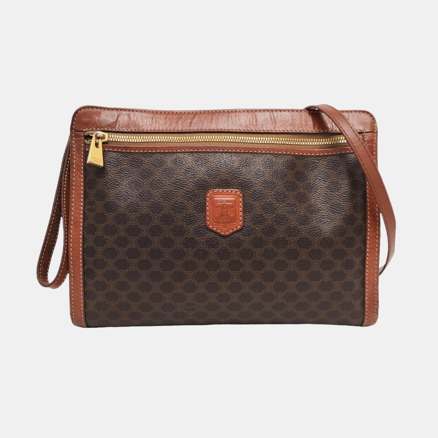 CELINE MACADAM CLUTCHES Dark Brown Coated Canvas Triumph Handbag Tote Bag Golden hardware-(SKU)-959810652