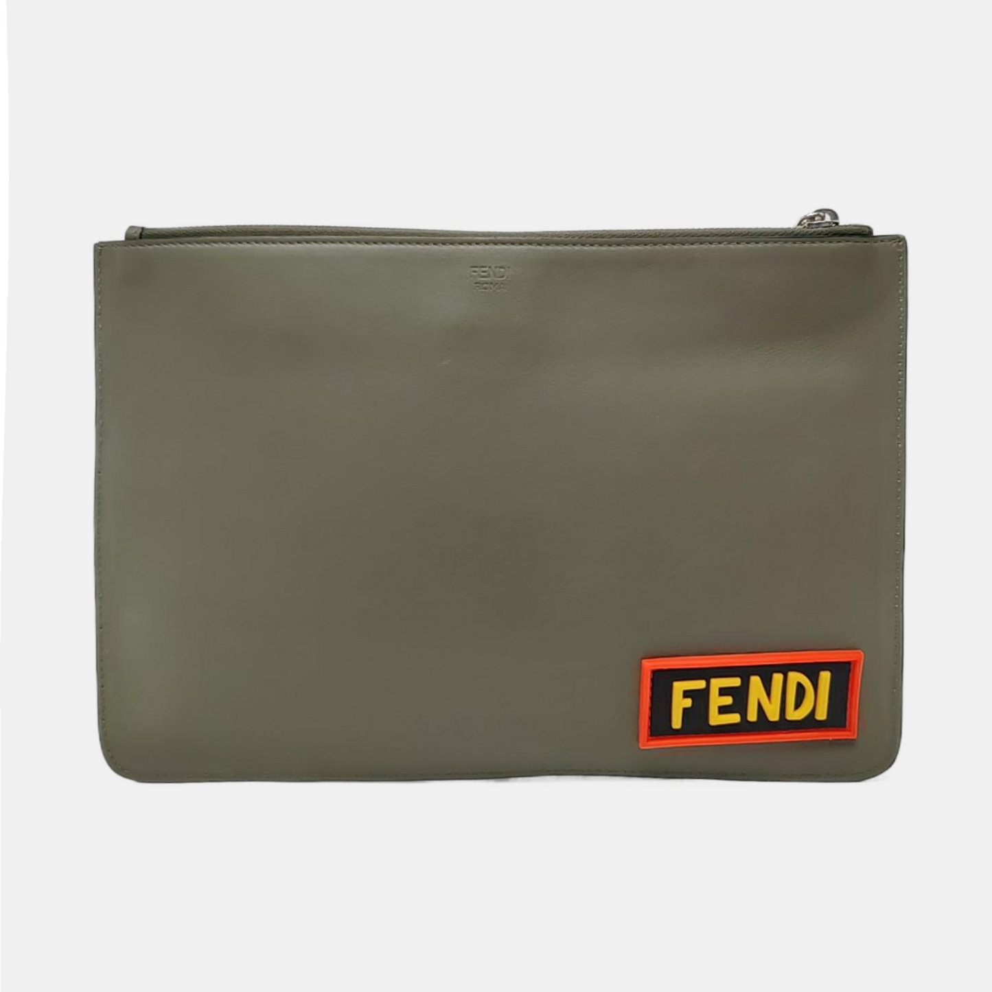 FENDI Olive Green Cowhide Patchwork Relief Crossbody Handbag Clutch Silver Hardware-(SKU)-960221238