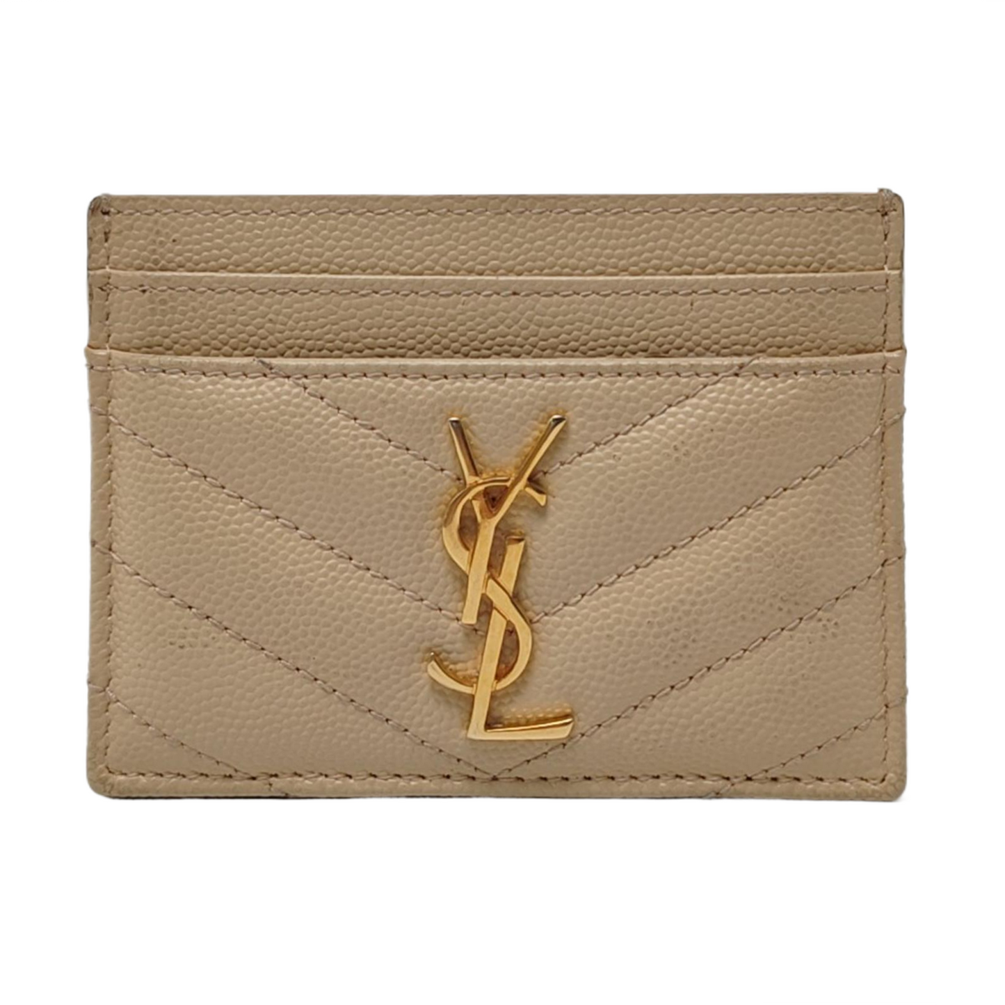 YSL MONOGRAM 米色牛皮绗缝V纹卡包 Golden hardware-(SKU)-960710040