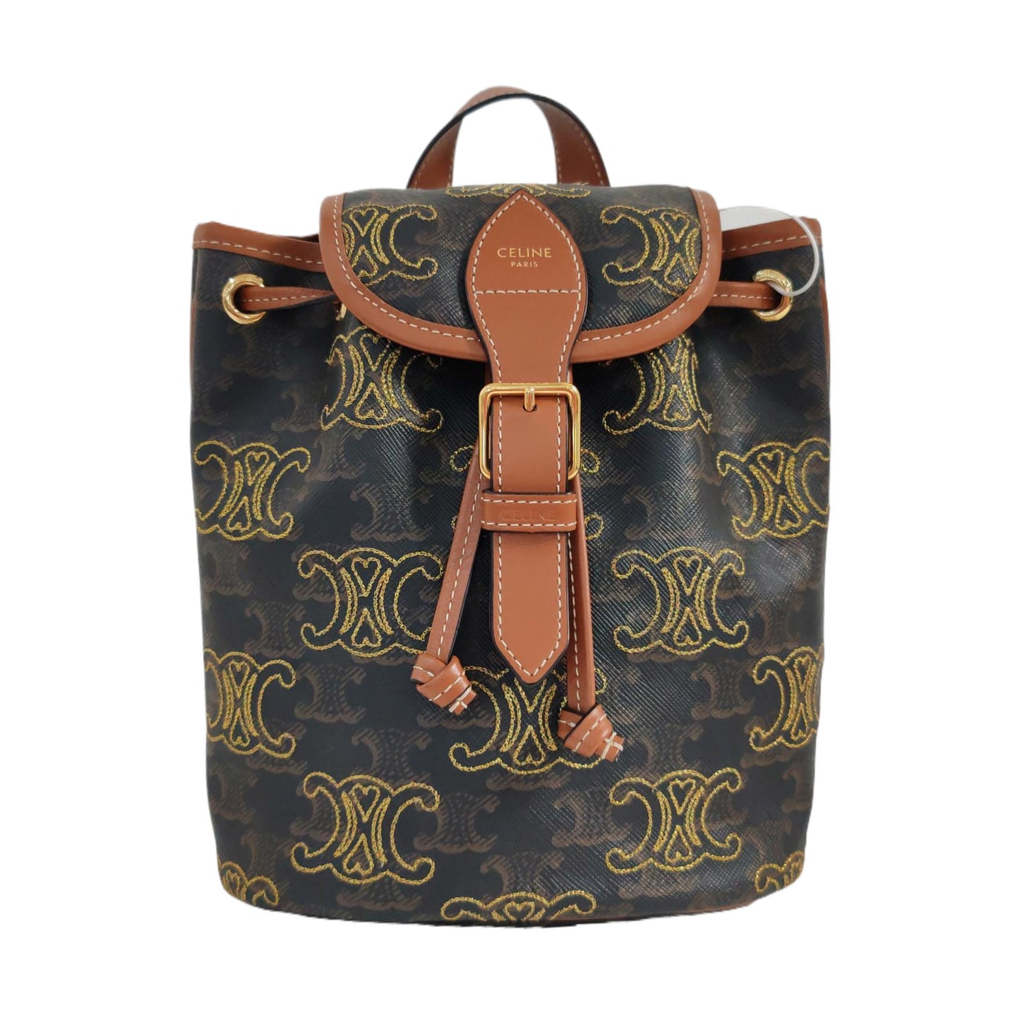 CELINE TRIOMPHE Mini Brown Coated Canvas Triomphe Double Shoulder Bag Tote with Gold Hardware-(SKU)-961047540