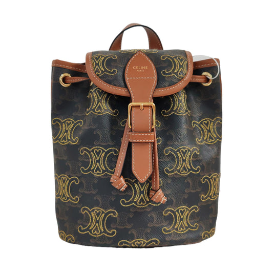 CELINE TRIOMPHE Mini Brown Coated Canvas Triomphe Double Shoulder Bag Tote with Gold Hardware-(SKU)-961047540