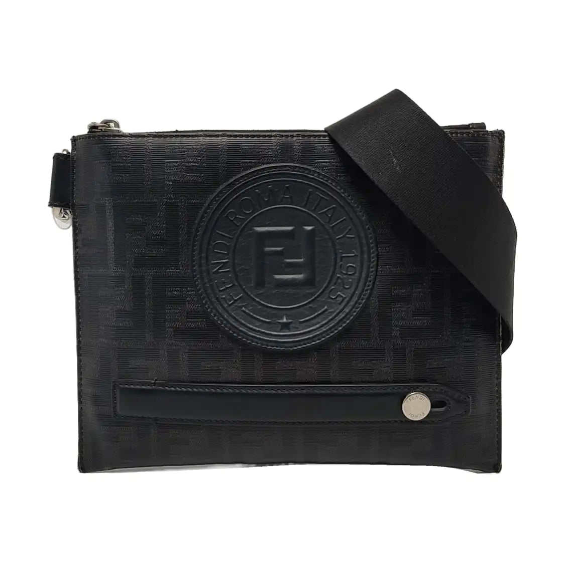 FENDI Black cowhide embossed shoulder bag crossbody bag Silver Hardware-(SKU)-944722741
