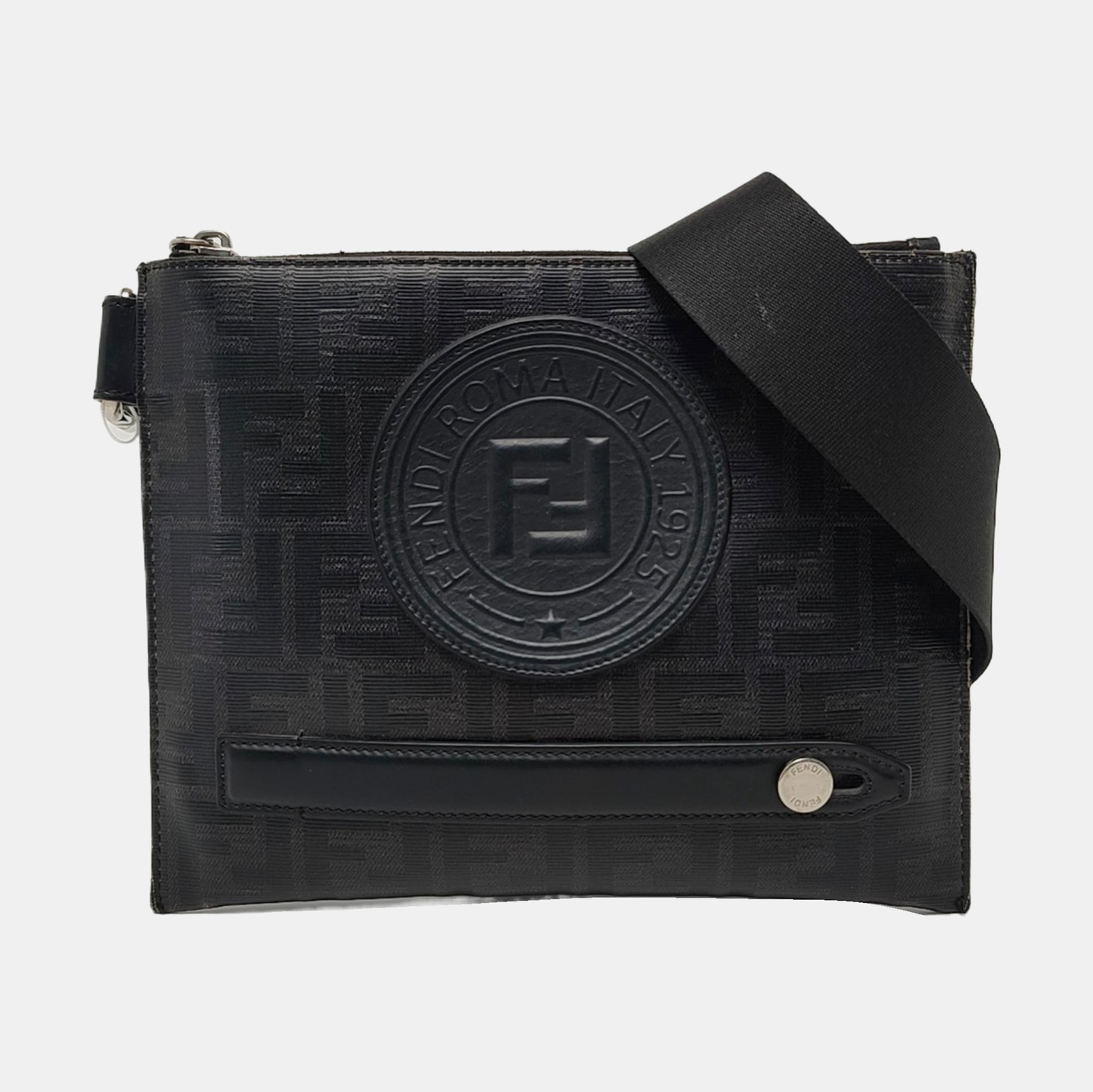 FENDI Black cowhide embossed shoulder bag crossbody bag Silver Hardware-(SKU)-944722741