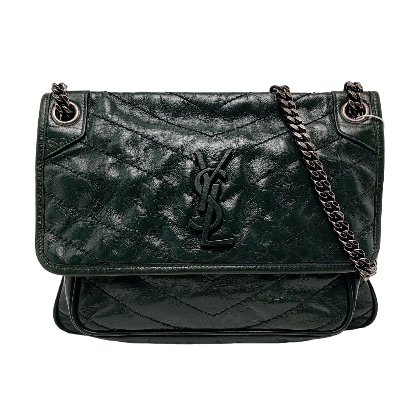 YSL NIKI Medium Size Dark Green Calf Leather V-Stitch Crinkle Single Shoulder Bag Crossbody Bag Black Hardware-(SKU)-961734723
