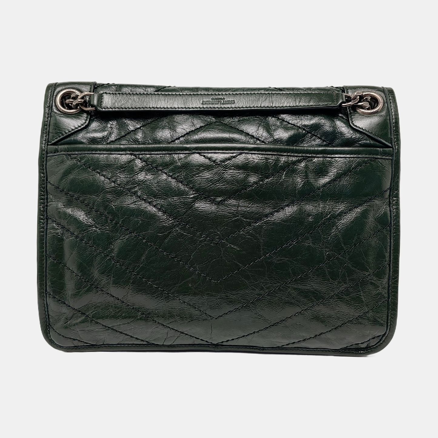 YSL NIKI Medium Size Dark Green Calf Leather V-Stitch Crinkle Single Shoulder Bag Crossbody Bag Black Hardware-(SKU)-961734723
