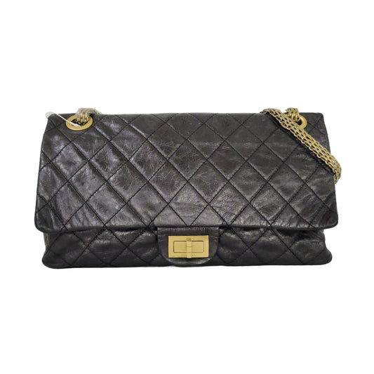 CHANEL 2.55 Black Calfskin Quilted Diamond Pattern Shoulder Bag Gold Hardware 12 Clasp-(SKU)-962208163