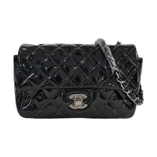CHANEL CLASSIC FLAP Mini Black Patent Leather Diamond Quilted Large Crossbody Bag Shoulder Bag Silver Hardware 17 Opening-(SKU)-961226830