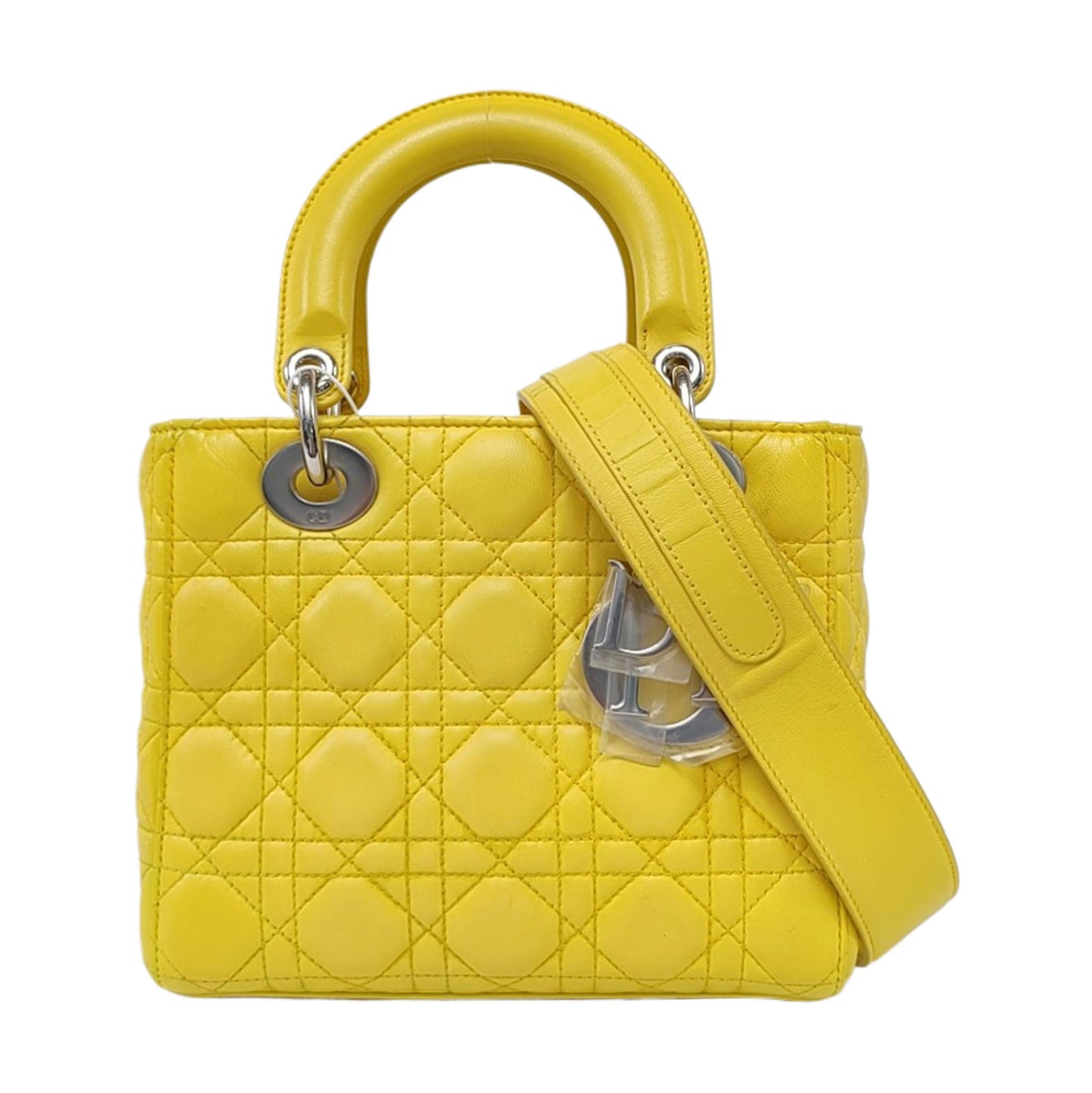DIOR Lady Dior Small Size Yellow Lamb Skin Cannage Quilted Diaper Bag Crossbody Shoulder Bag Handbag Silver Hardware Removable Strap-(SKU)-962480744