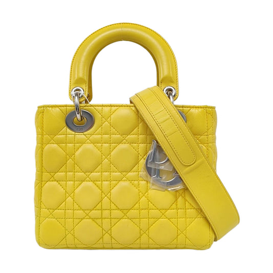 DIOR Lady Dior Small Size Yellow Lamb Skin Cannage Quilted Diaper Bag Crossbody Shoulder Bag Handbag Silver Hardware Removable Strap-(SKU)-962480744