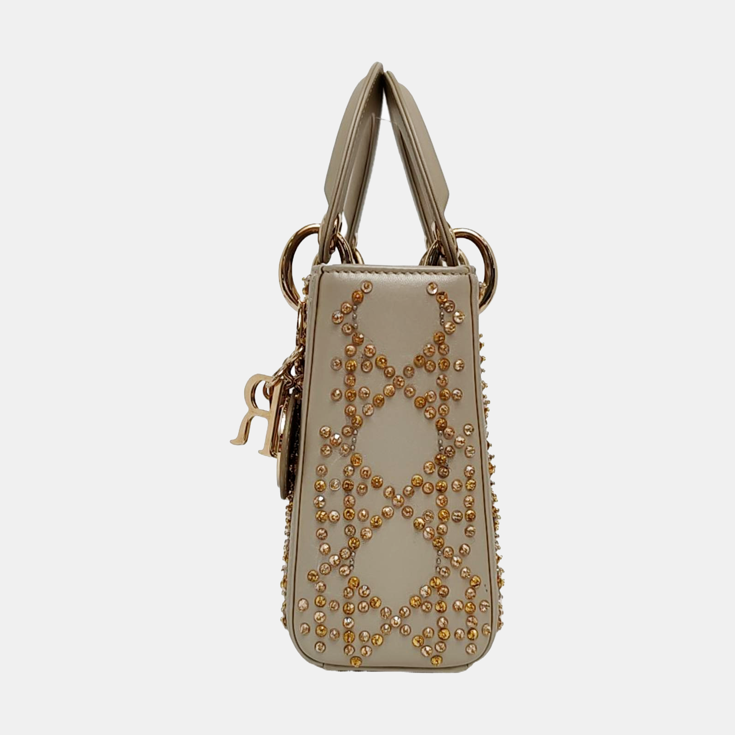 DIOR Lady Dior mini champagne lamb skin Cannage pattern three-compartment crossbody bag, shoulder bag with gold hardware and detachable strap-(SKU)-963332269