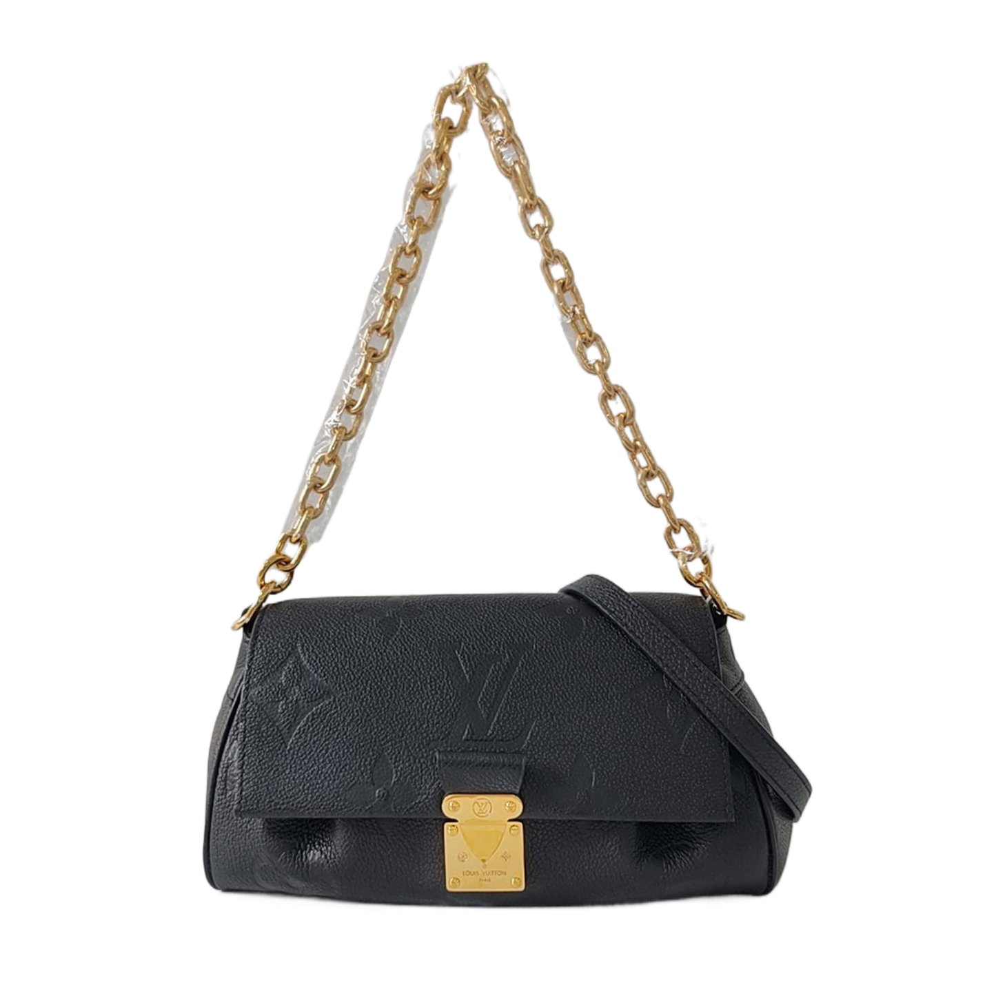 LOUIS VUITTON FAVORITE Black Leather Embossed Shoulder Bag Crossbody Bag 2 Detachable Straps Gold Hardware-(SKU)-963594020