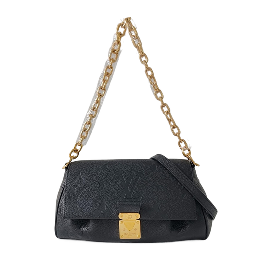 LOUIS VUITTON FAVORITE Black Leather Embossed Shoulder Bag Crossbody Bag 2 Detachable Straps Gold Hardware-(SKU)-963594020